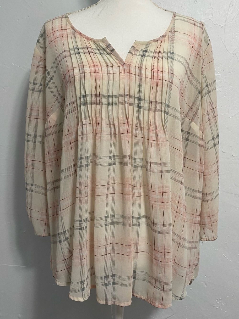 torrid Cream Plaid Peasant Tunic with Pink & Gray Stripes
